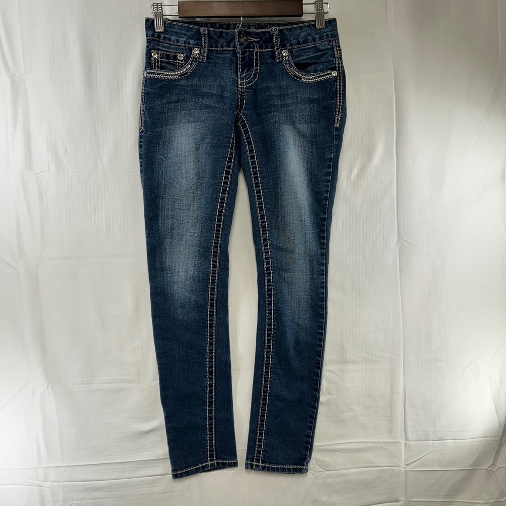 Amethyst Skinny Jeans Womens 1 Dark Wash Thick Stitch Rhinestone Embellished